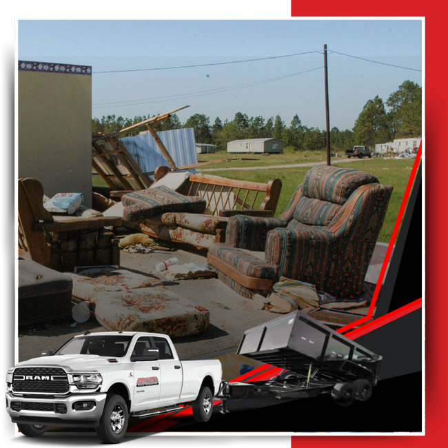 A pile of discarded house junk with Noah's Junk Removal trailer truck.