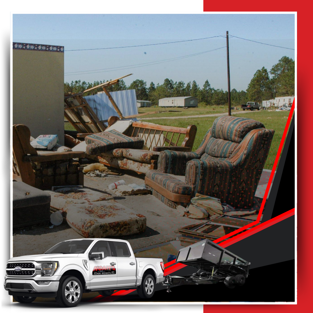 A pile of discarded house junk with Noah's Junk Removal trailer truck.