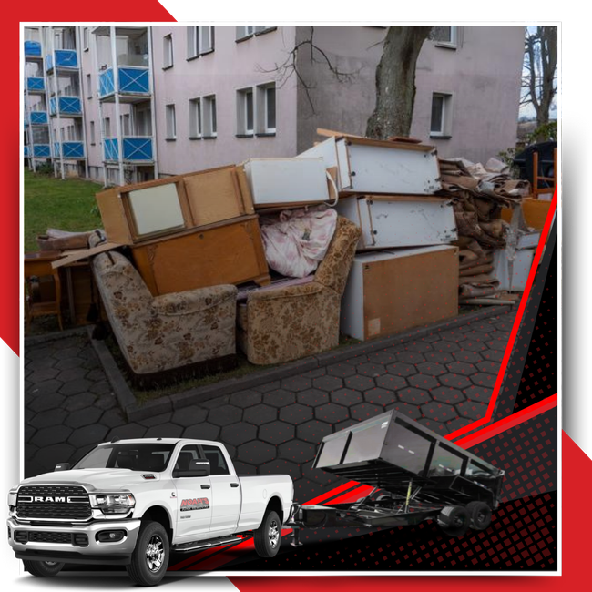 A pile of discarded furniture and house junk in front of a house.