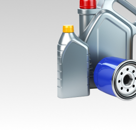 Oil and filter for vehicle maintenance, with silver oil containers and a blue filter | Libertyville Kar Care