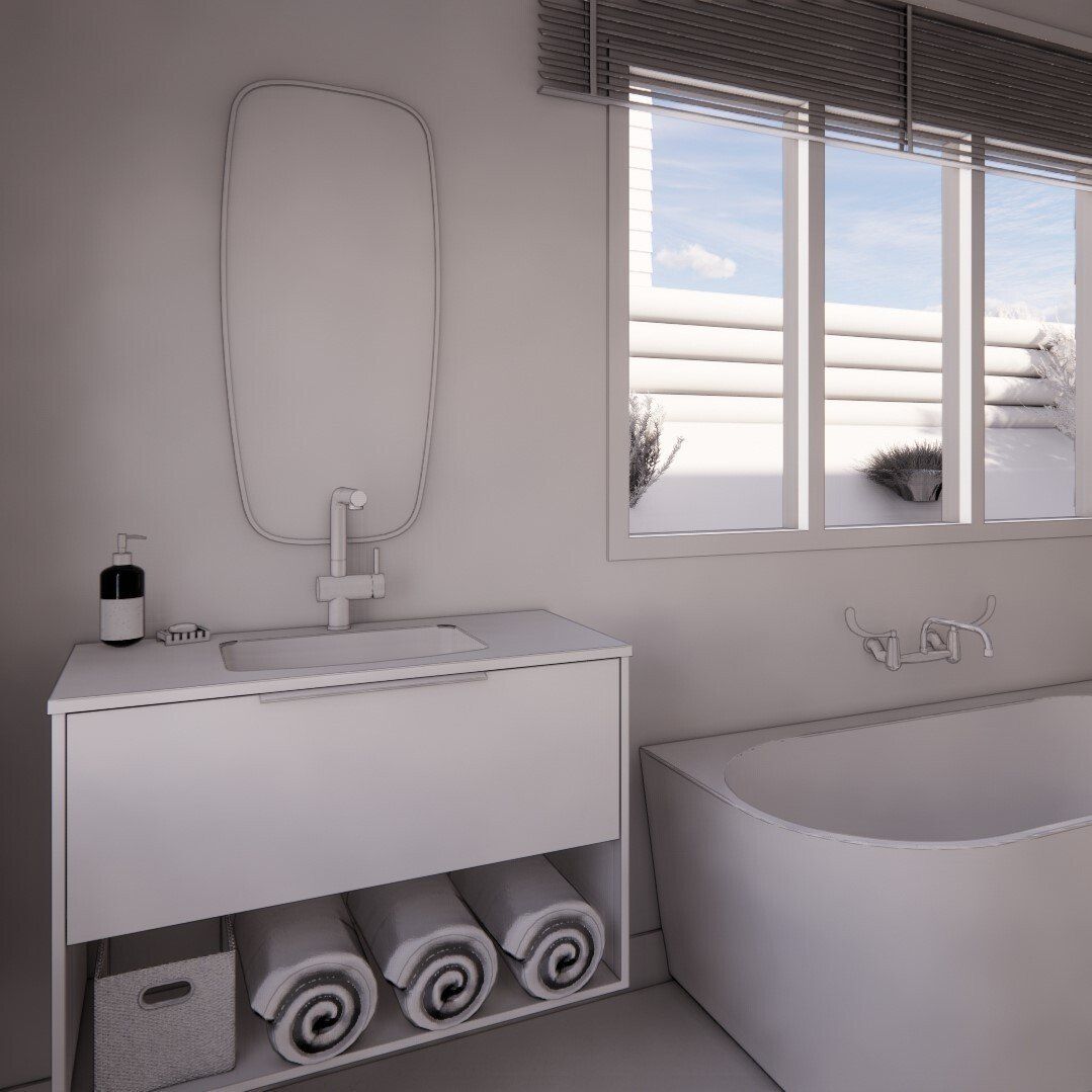 A bathroom with a sink , tub , mirror and window.