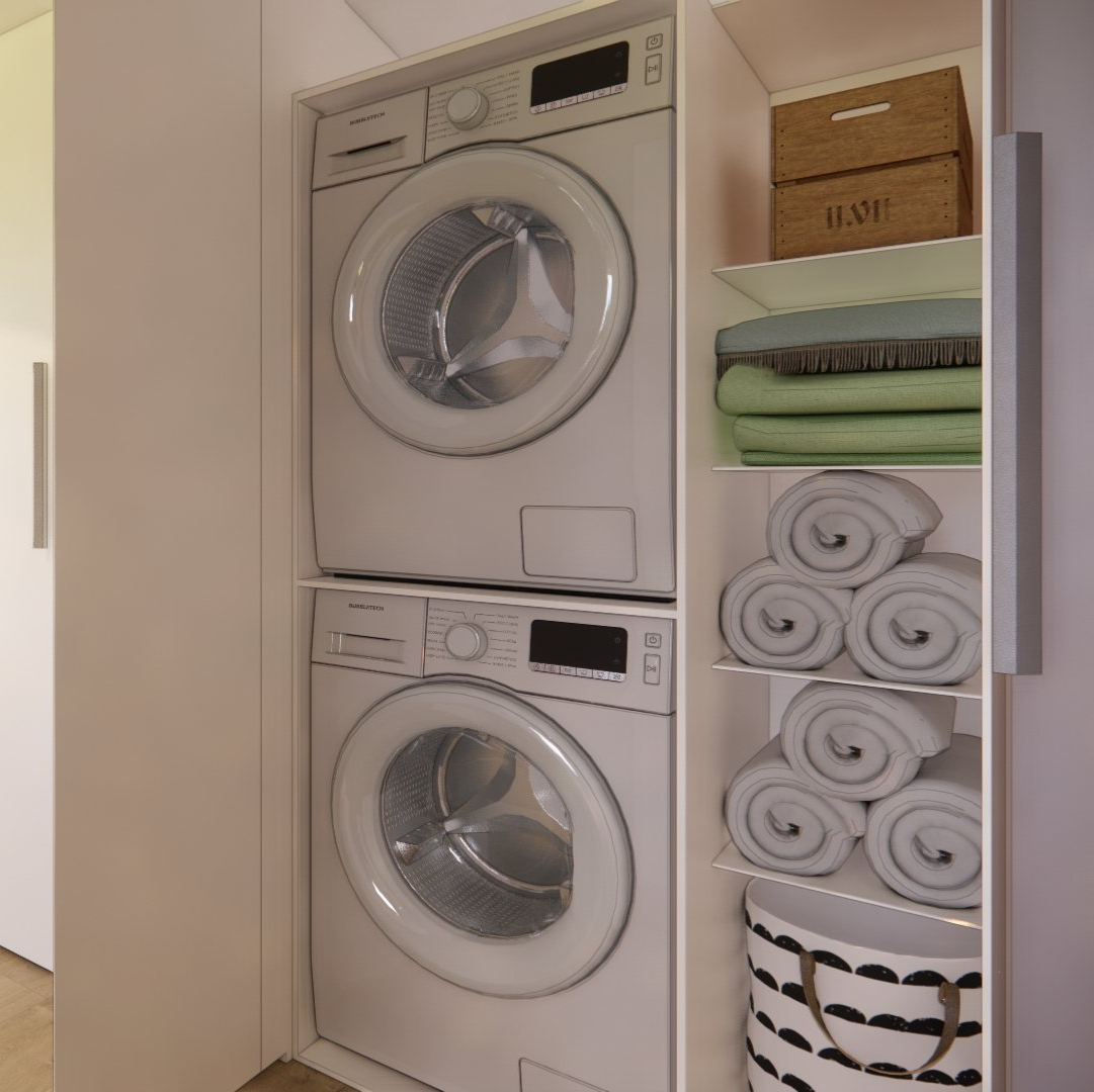 A washer and dryer are stacked on top of each other in a laundry room.