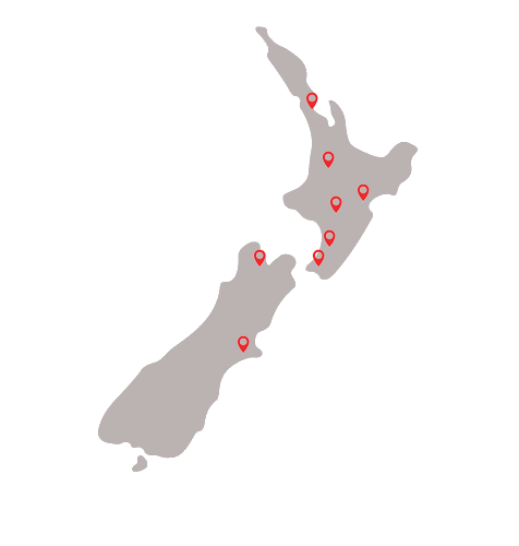 A map of new zealand with red pins on it.
