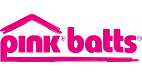 A pink and white logo for pink batts on a white background.
