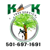 The logo for kk tree service shows a man climbing a tree with a chainsaw.