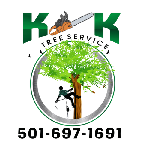 The logo for kk tree service shows a man climbing a tree with a chainsaw.