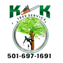 The logo for kk tree service shows a man climbing a tree with a chainsaw.