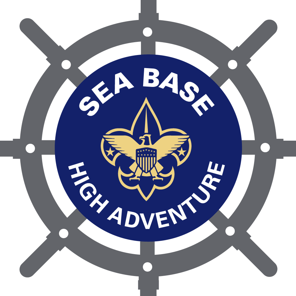 Sea Base High Adventure logo: Blue and gold emblem within a ship's wheel.