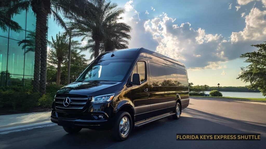 Black Mercedes Sprinter van parked on a road, palm trees in the background under a cloudy sky.