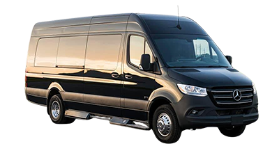 Black Mercedes-Benz Sprinter van, side view. Black, shiny, large vehicle.