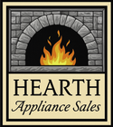 A logo for hearth appliance sales with a fireplace in the background
