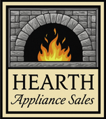 A logo for hearth appliance sales with a fireplace in the background