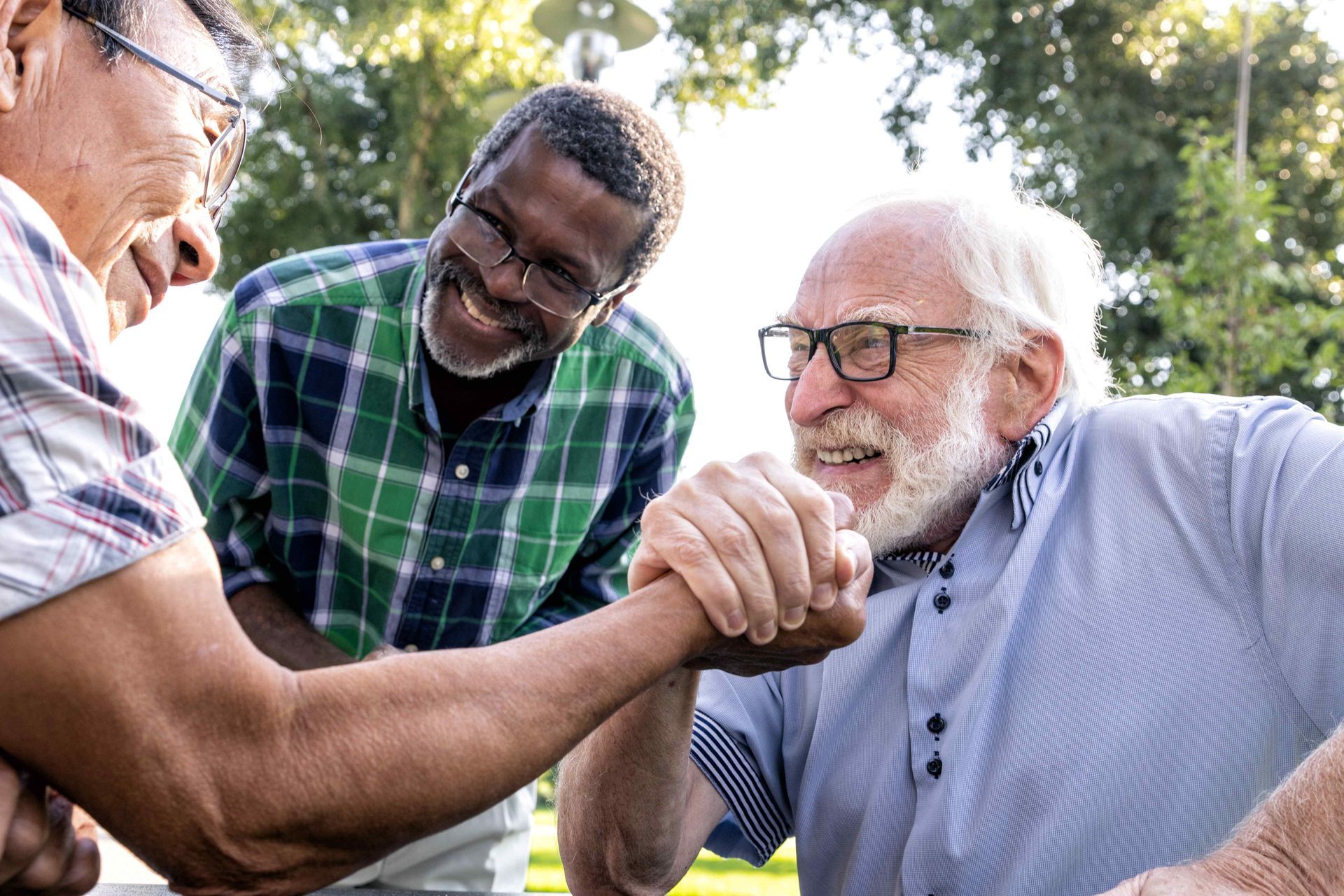 A Group of Old Friends Shaking firmly Grasping each others hands