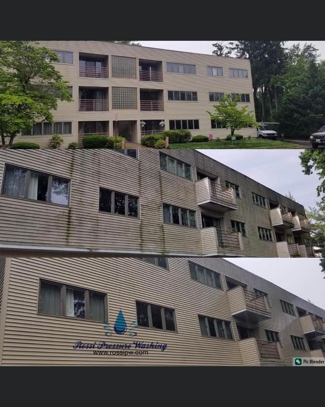 Three-story beige apartment building. Exterior views with windows and balconies.