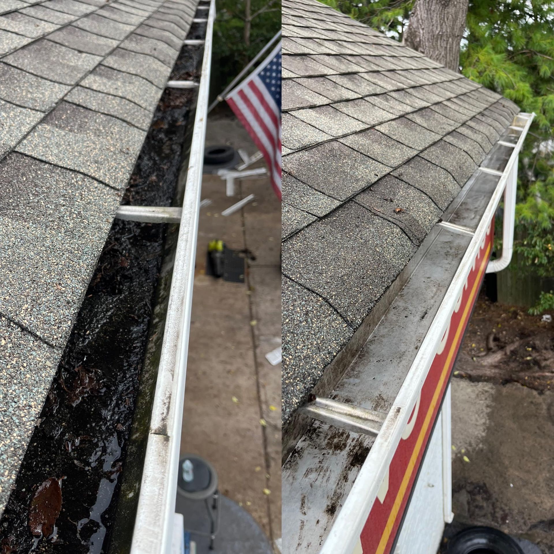 Gutters before and after cleaning, full of debris on the left, clean on the right.