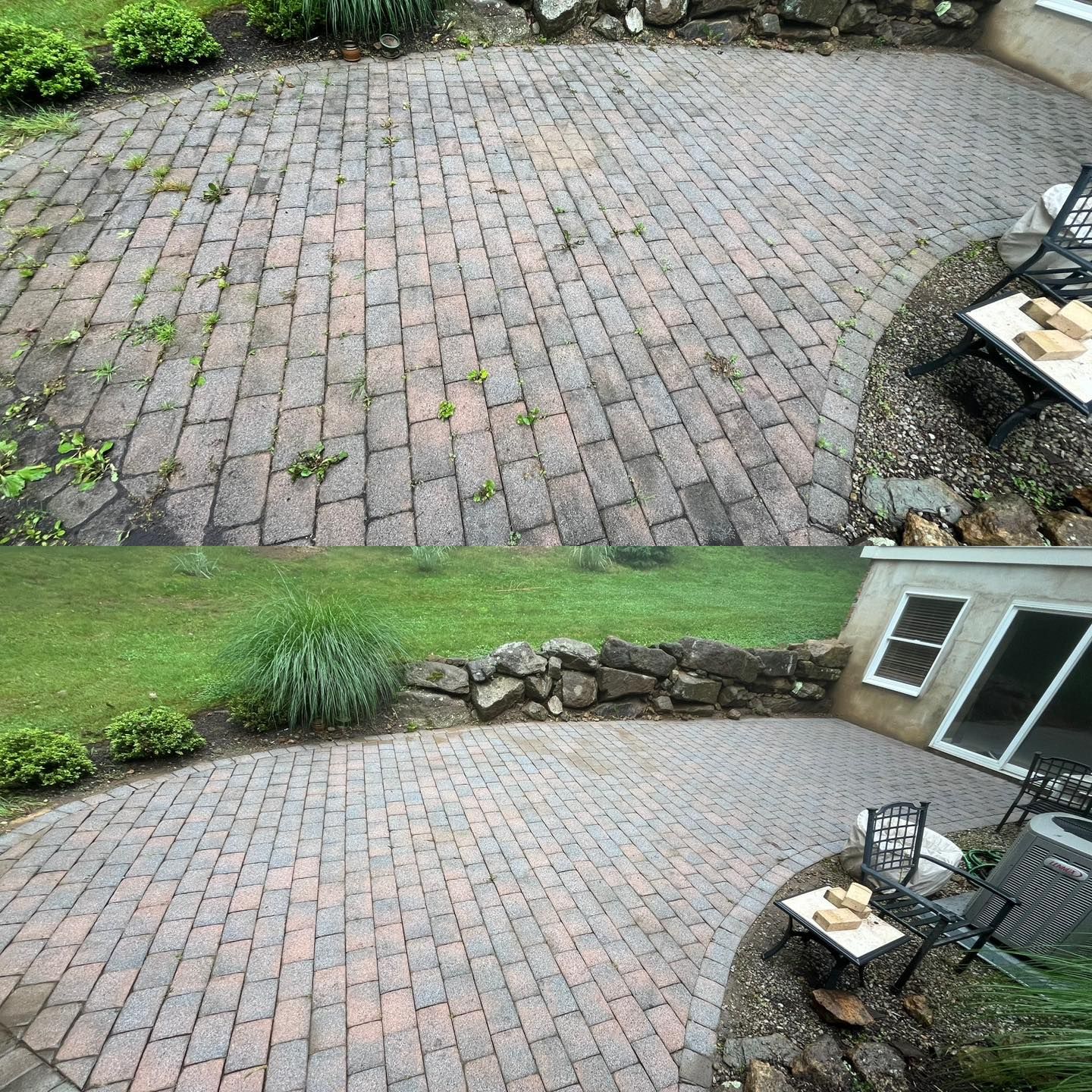 Before and after photo of a brick patio cleaning. Weeds removed, the patio is clean and a lighter brick color.