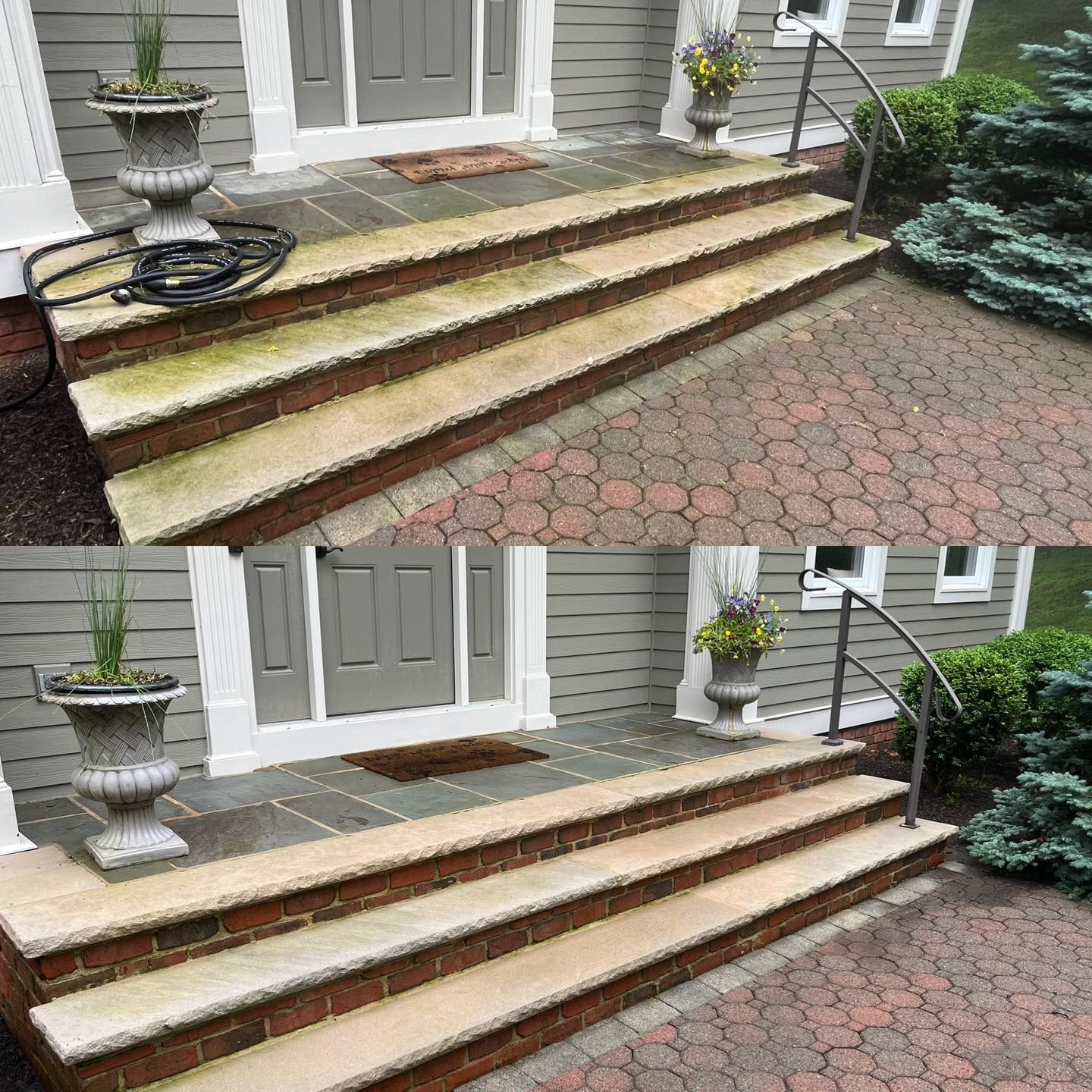 Before-and-after of steps. Dirty steps cleaned, showing brick & stone. Grey door, plants, and a metal railing.