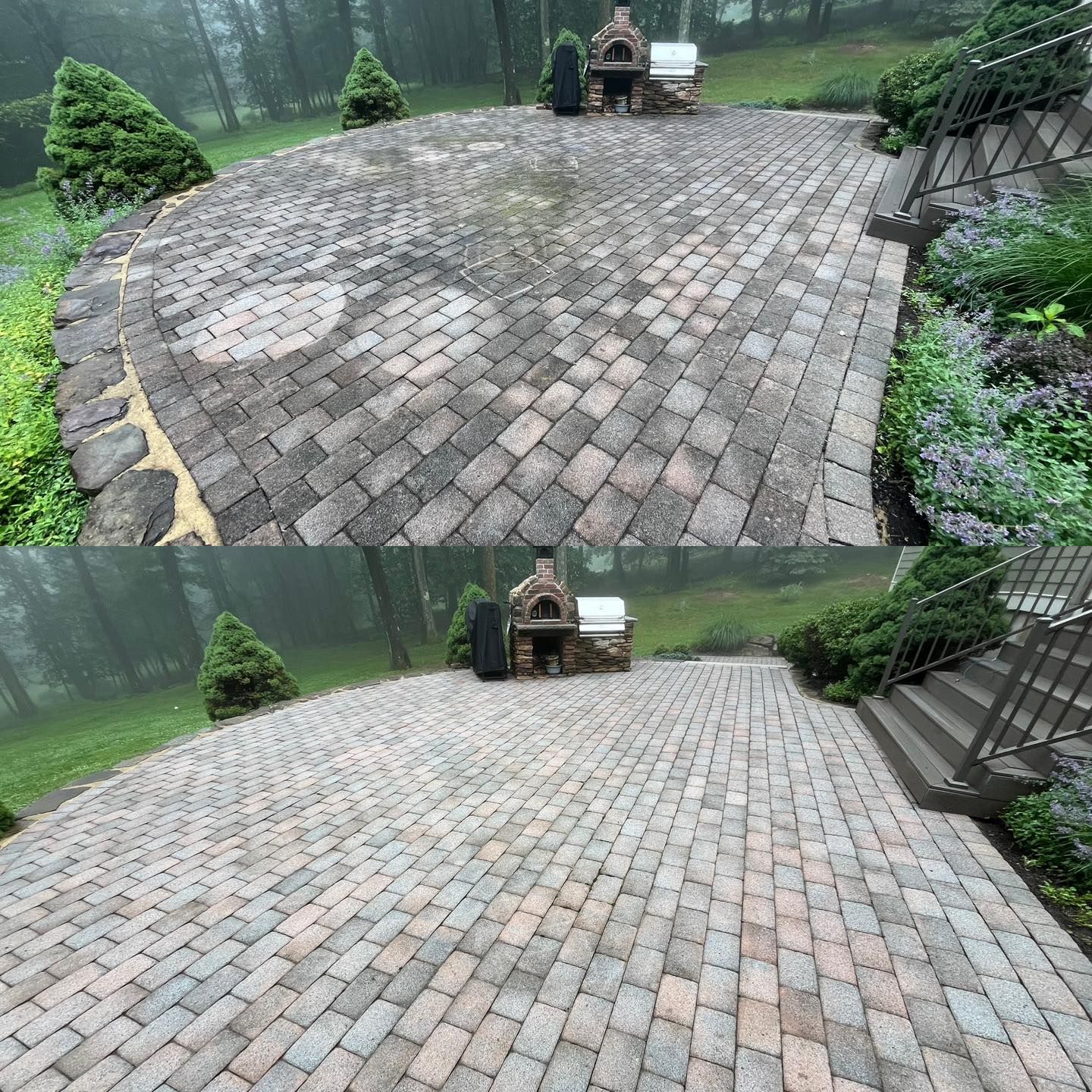 Before and after comparison of a stone patio, showing cleaning results.