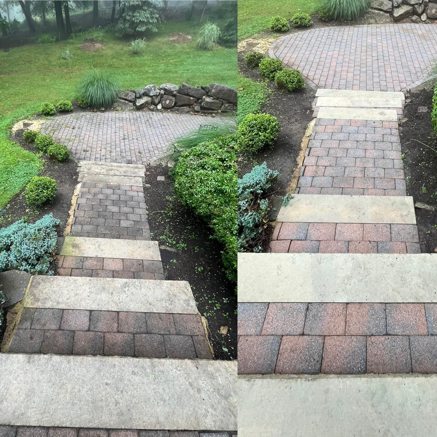 Stairs leading down to a brick patio with various plants and greenery, shot from above.