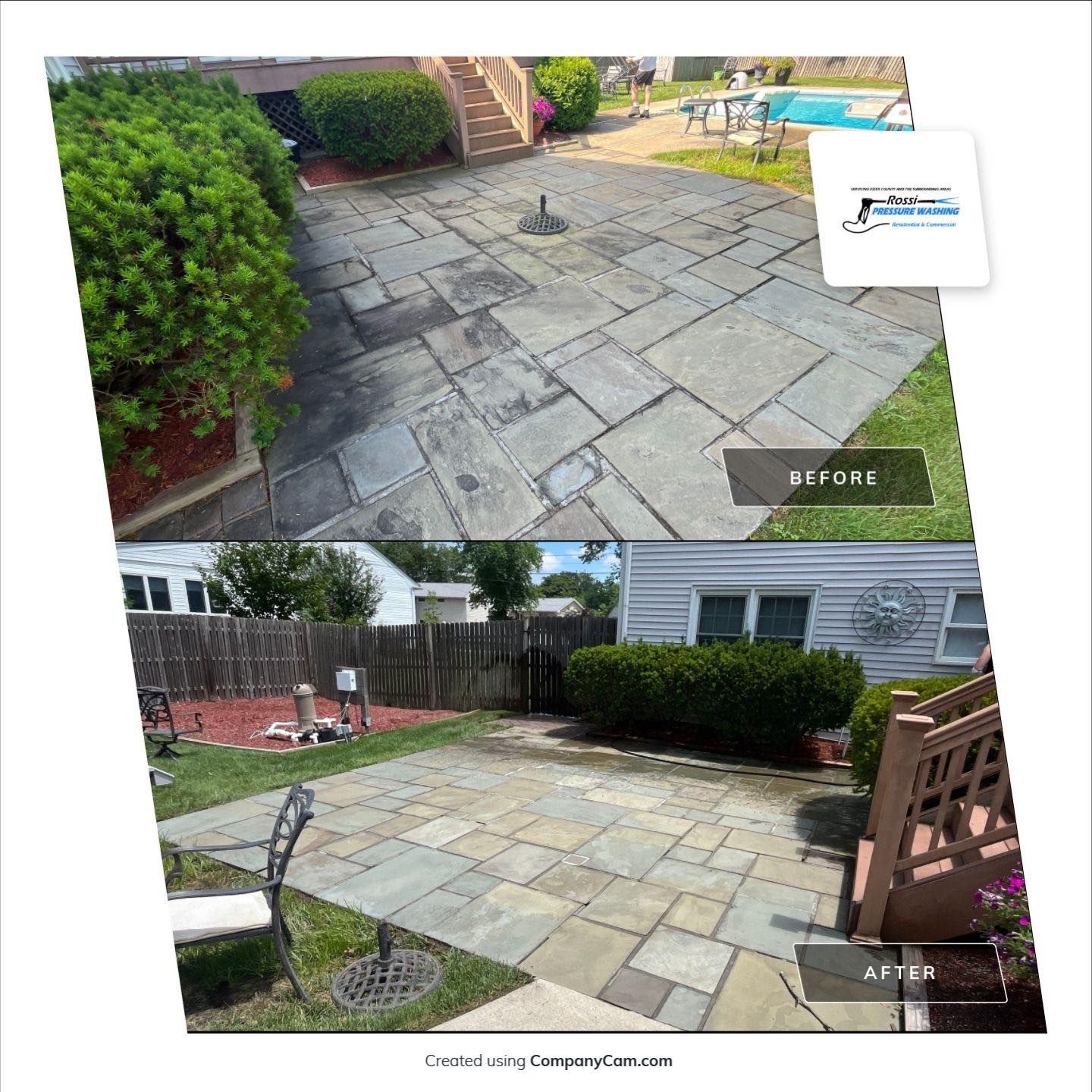Before and after images of a stone patio cleaning. Top: Dirty patio. Bottom: Clean patio with green grass.