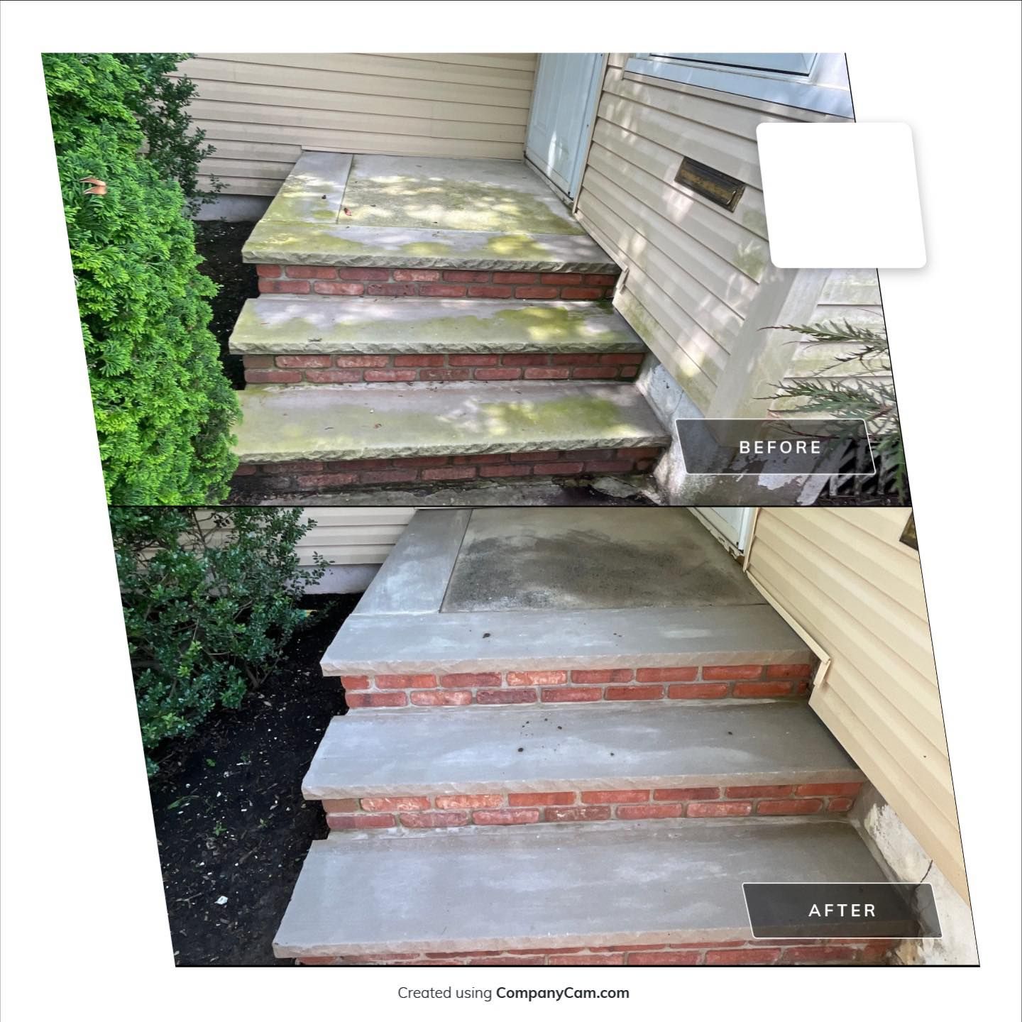 Before and after of a front porch steps. Grime-covered steps are cleaned to reveal red brick and gray concrete.