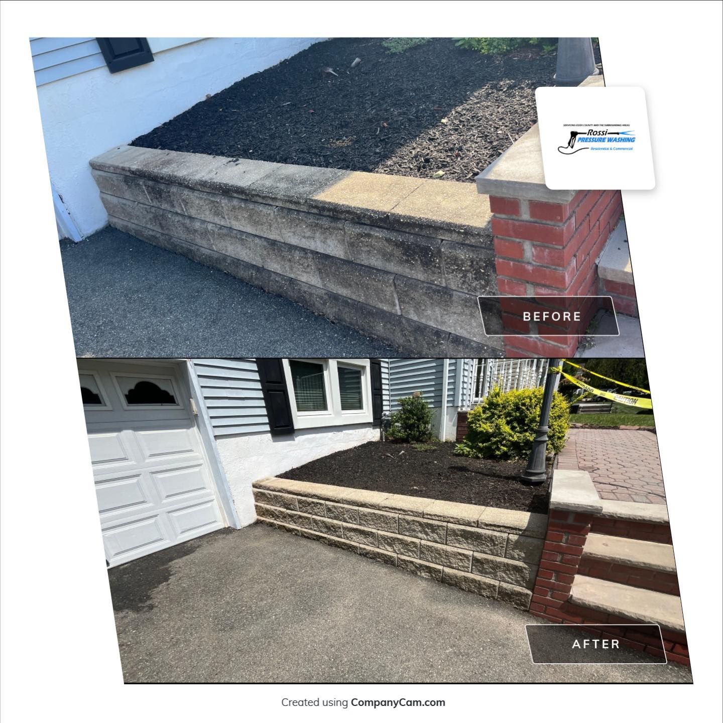 Before and after photo of a retaining wall renovation, highlighting the improved aesthetics and functionality.
