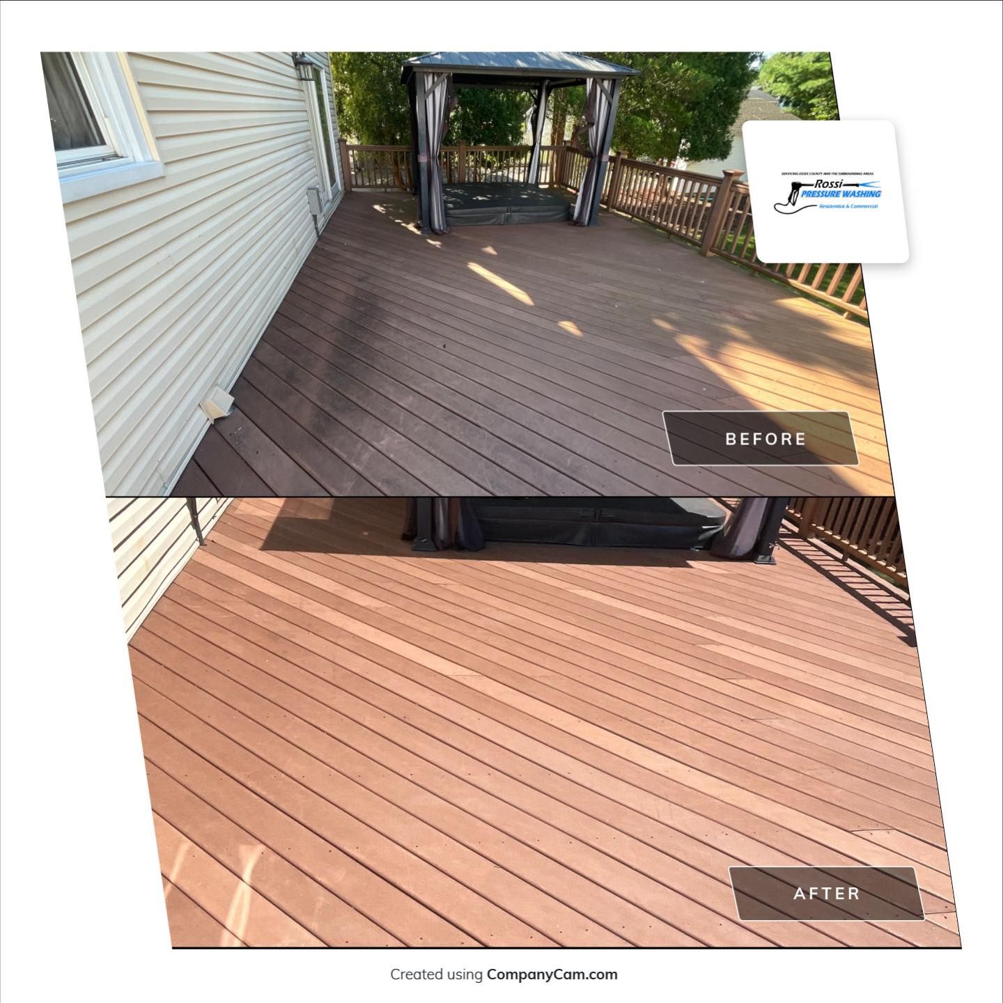 Deck restoration before and after: Top brown, weathered deck; bottom, refreshed deck, new reddish-brown color.