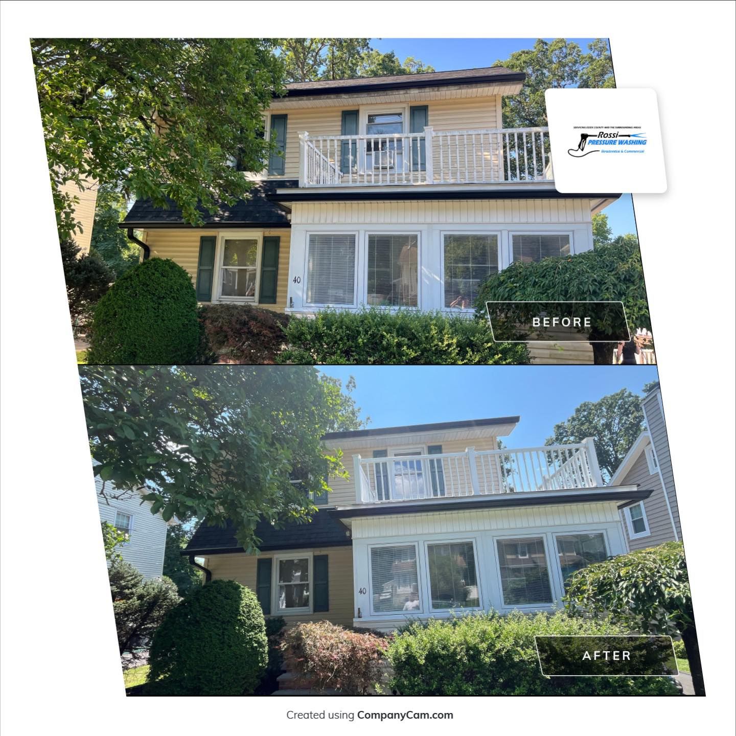Before and after exterior of a house; yellow siding, white trim. Green bushes and trees in yard.