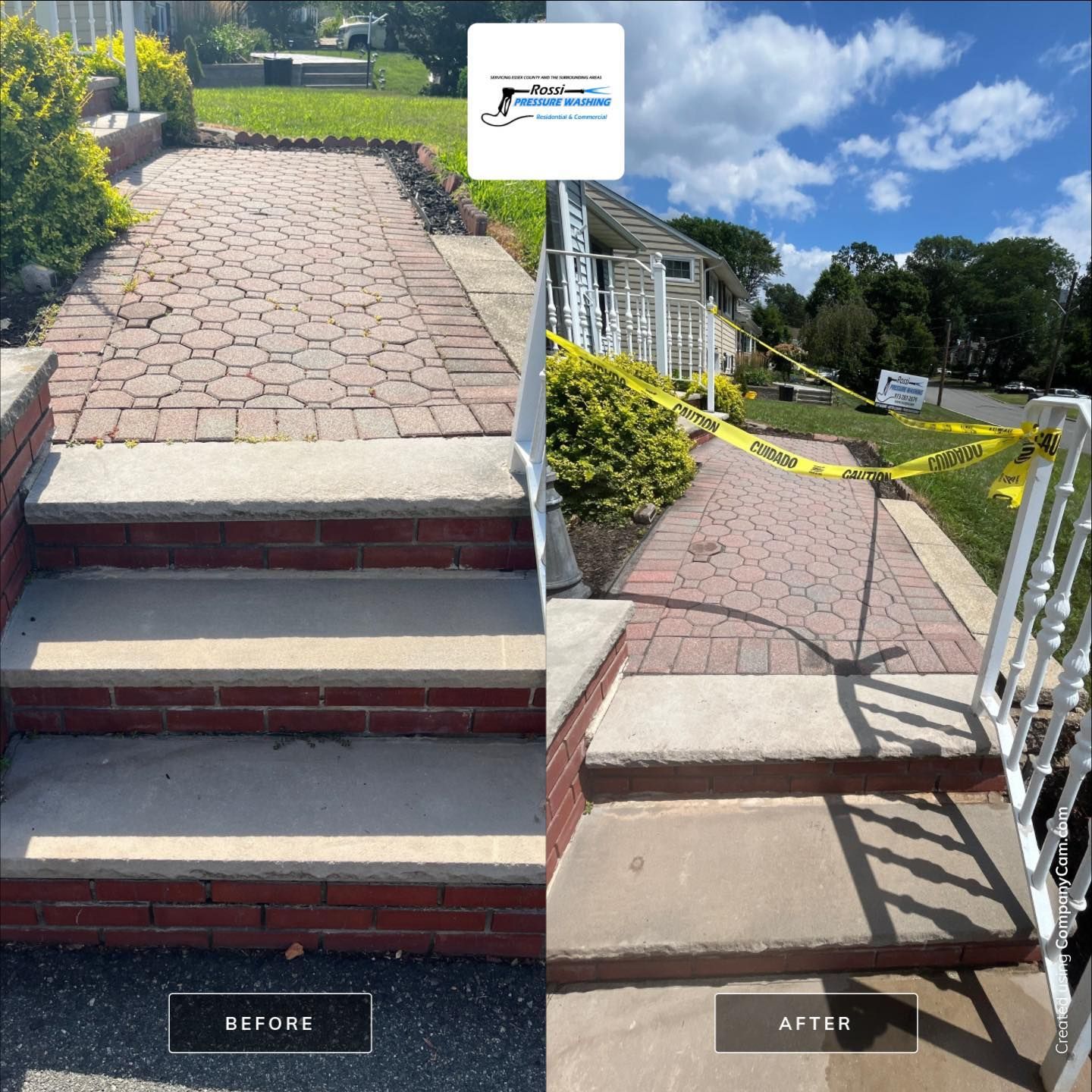 Before-and-after view of a brick walkway and steps. The after shot is cleaned.