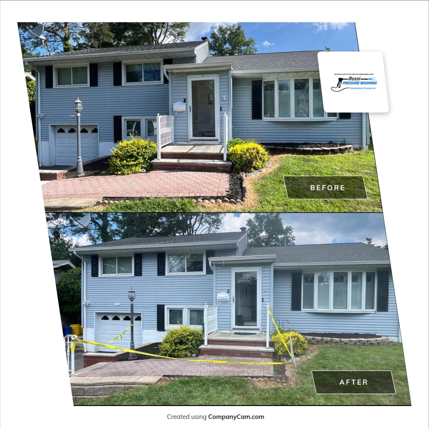 Before and after photos of a light blue house with dark trim and shutters, landscaping, and a brick driveway.