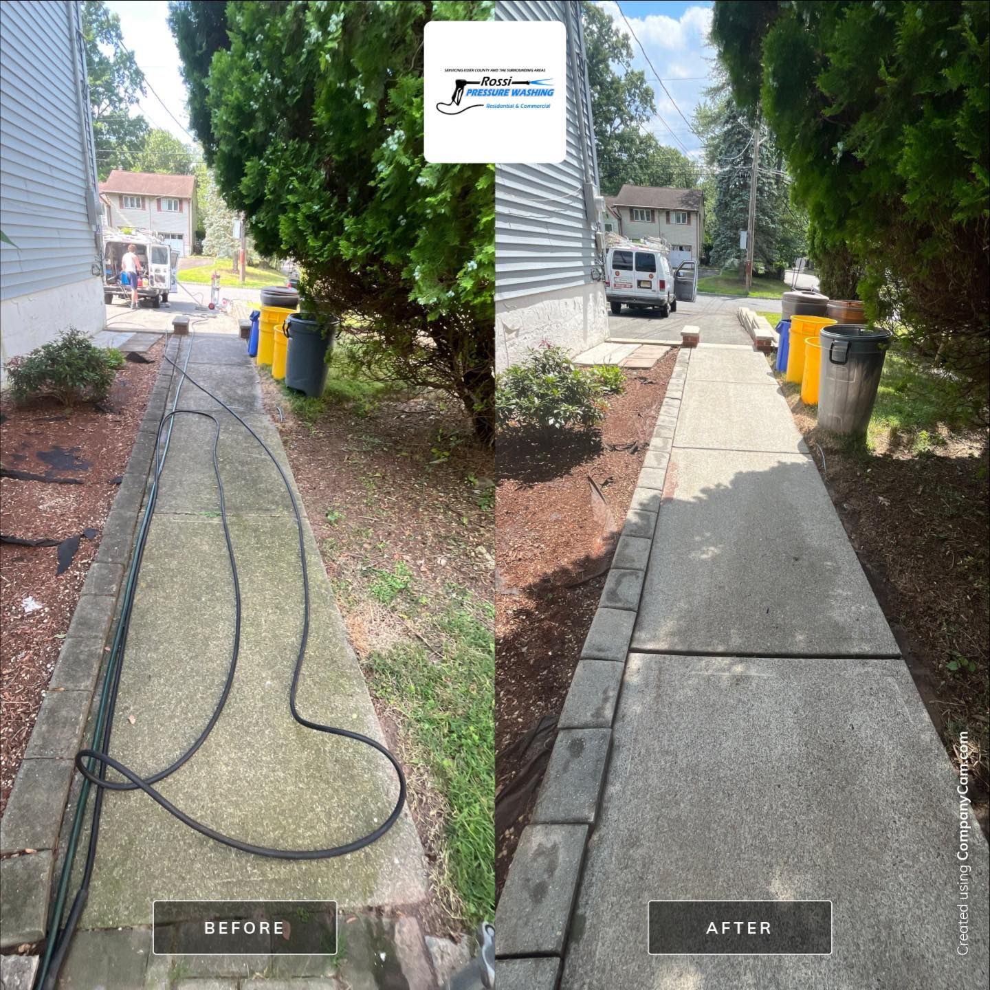 Before-and-after of a sidewalk. Before: dirty concrete. After: Clean concrete, mulch, and neat edging.