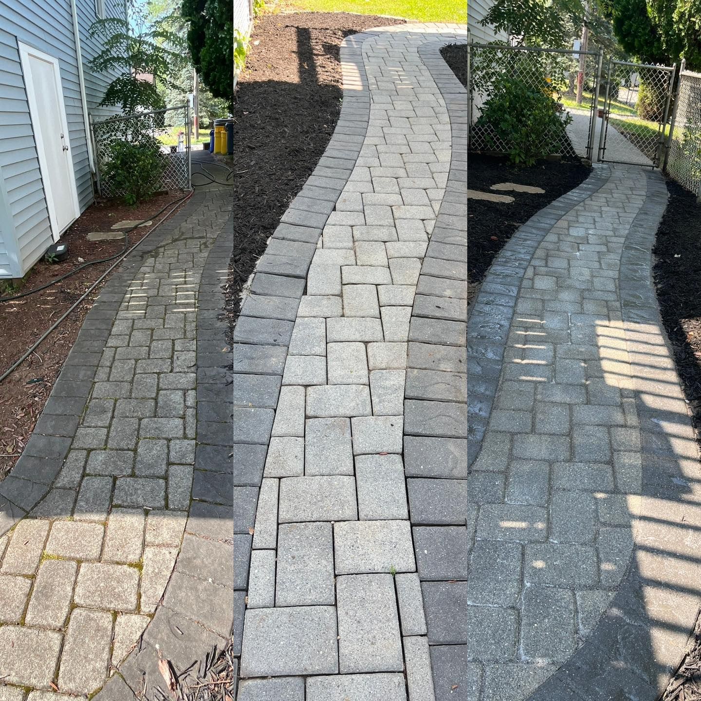 Three photos of a stone walkway. One on the left, with a building and door. The others curve, bordered by mulch.