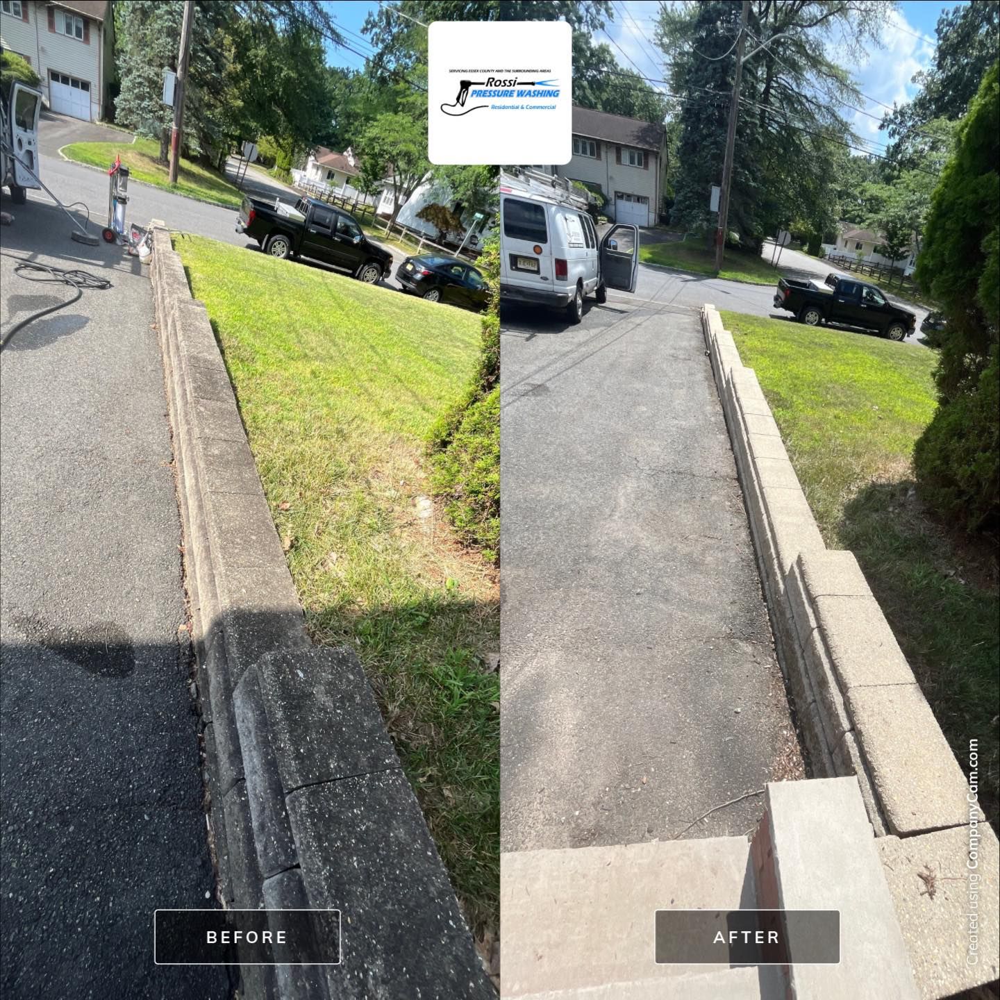 Before-and-after view of driveway cleaning. Shows grimy curb then clean curb. Asphalt, green grass, and parked cars.