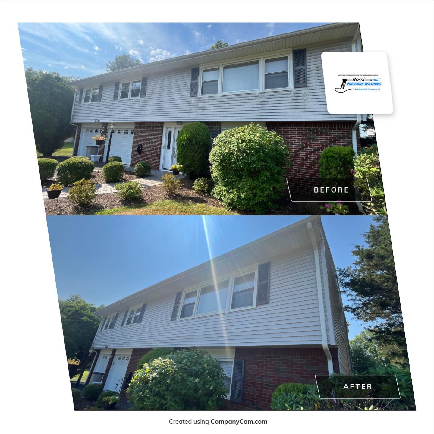 Before and after photos of a two-story house, siding cleaned.