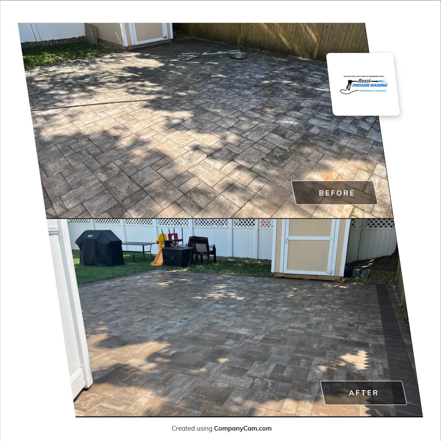 Before and after photo of a brick paver patio cleaning. Patio has outdoor furniture and sheds, showing a clean transformation.