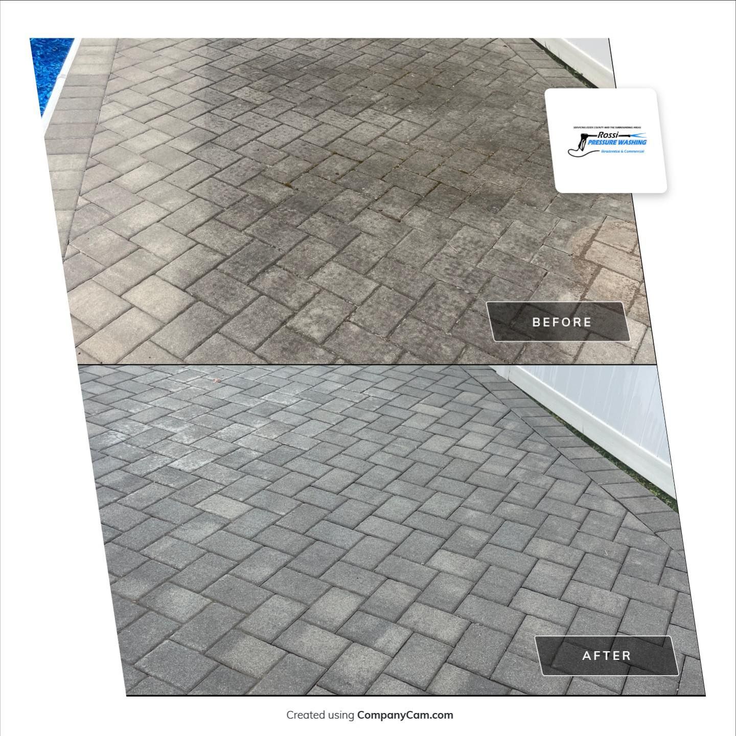 Before and after view of a brick patio; the top half is dirty, the bottom half is clean.
