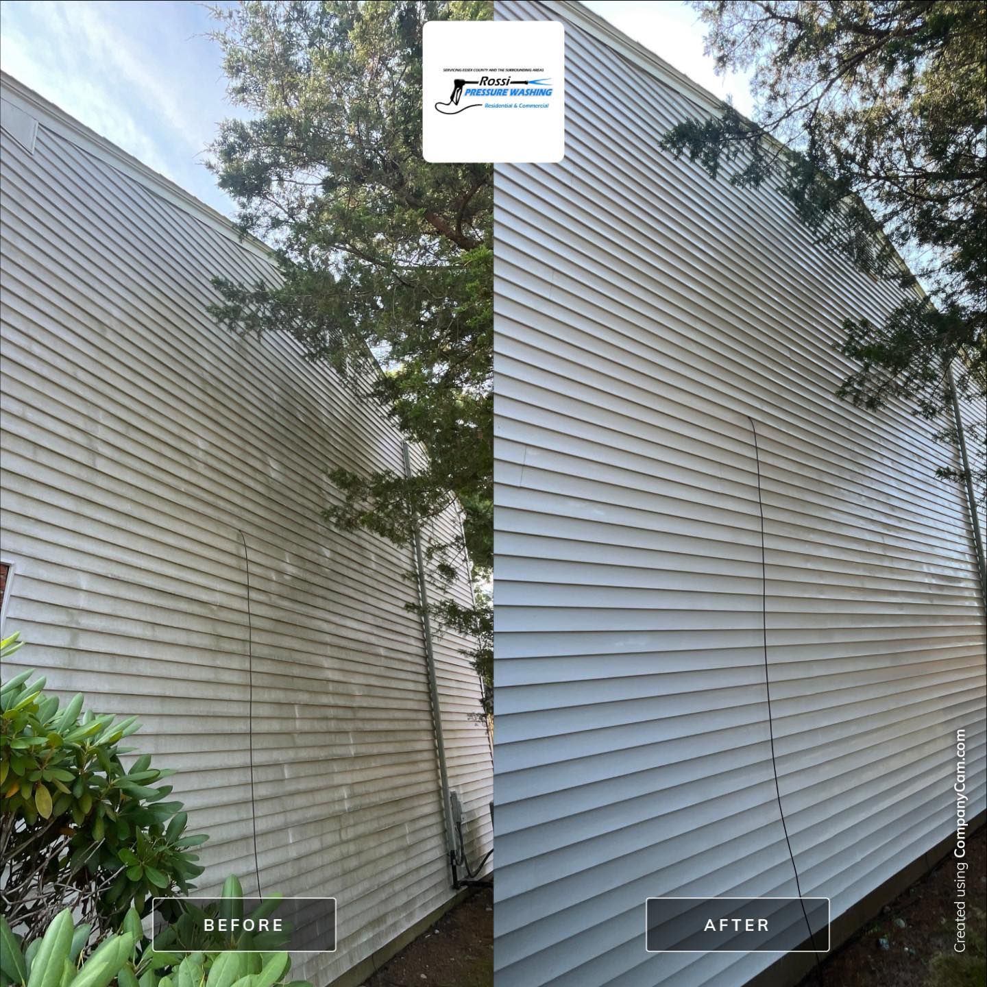 Before-and-after of house siding cleaning. Left side before cleaning, right side after, white siding, clean.