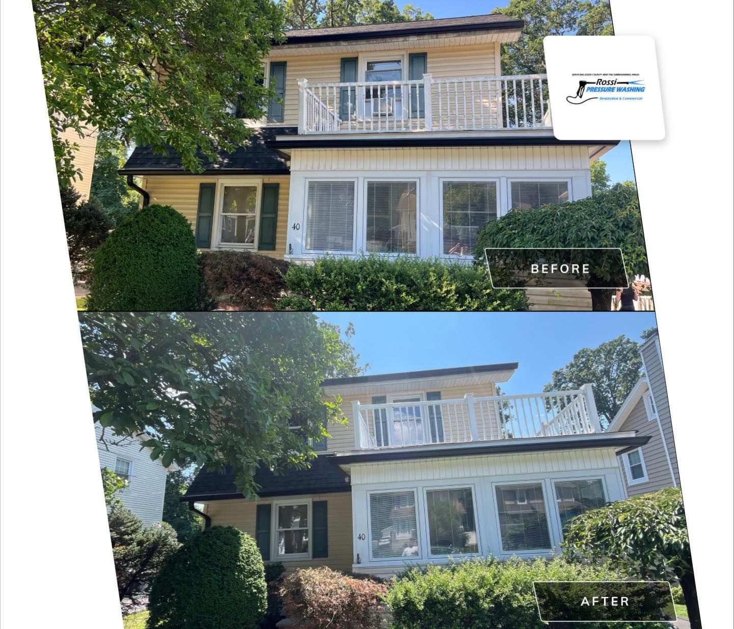 Before and after exterior house cleaning comparison. Beige house with white trim, sunny day.