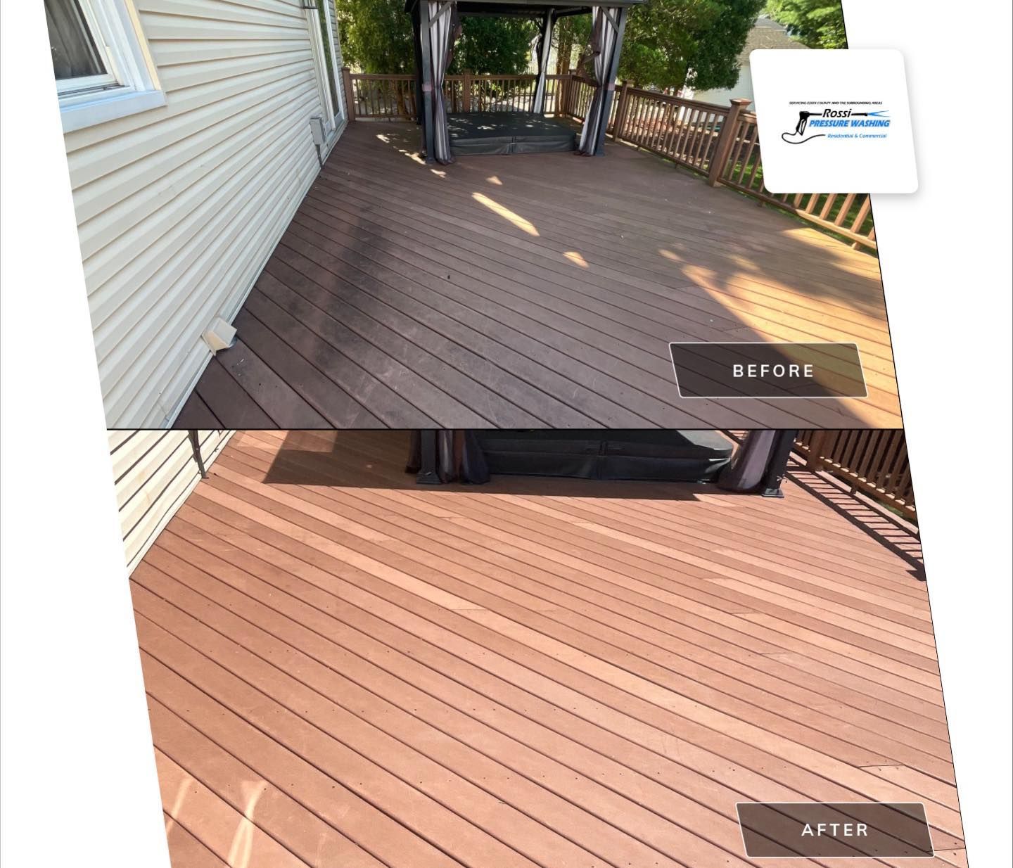 Before-and-after view of a wooden deck, showing dark stained deck (before) and lighter, clean deck (after).