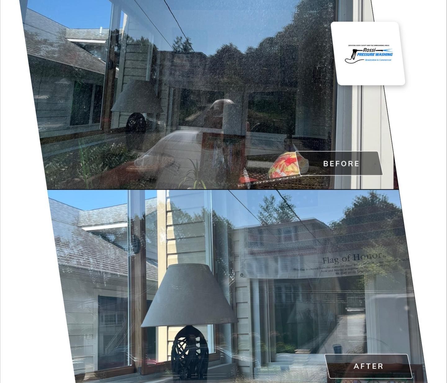 Before and after comparison of window cleaning; top panel is dirty, bottom panel is clean with visible home interior.