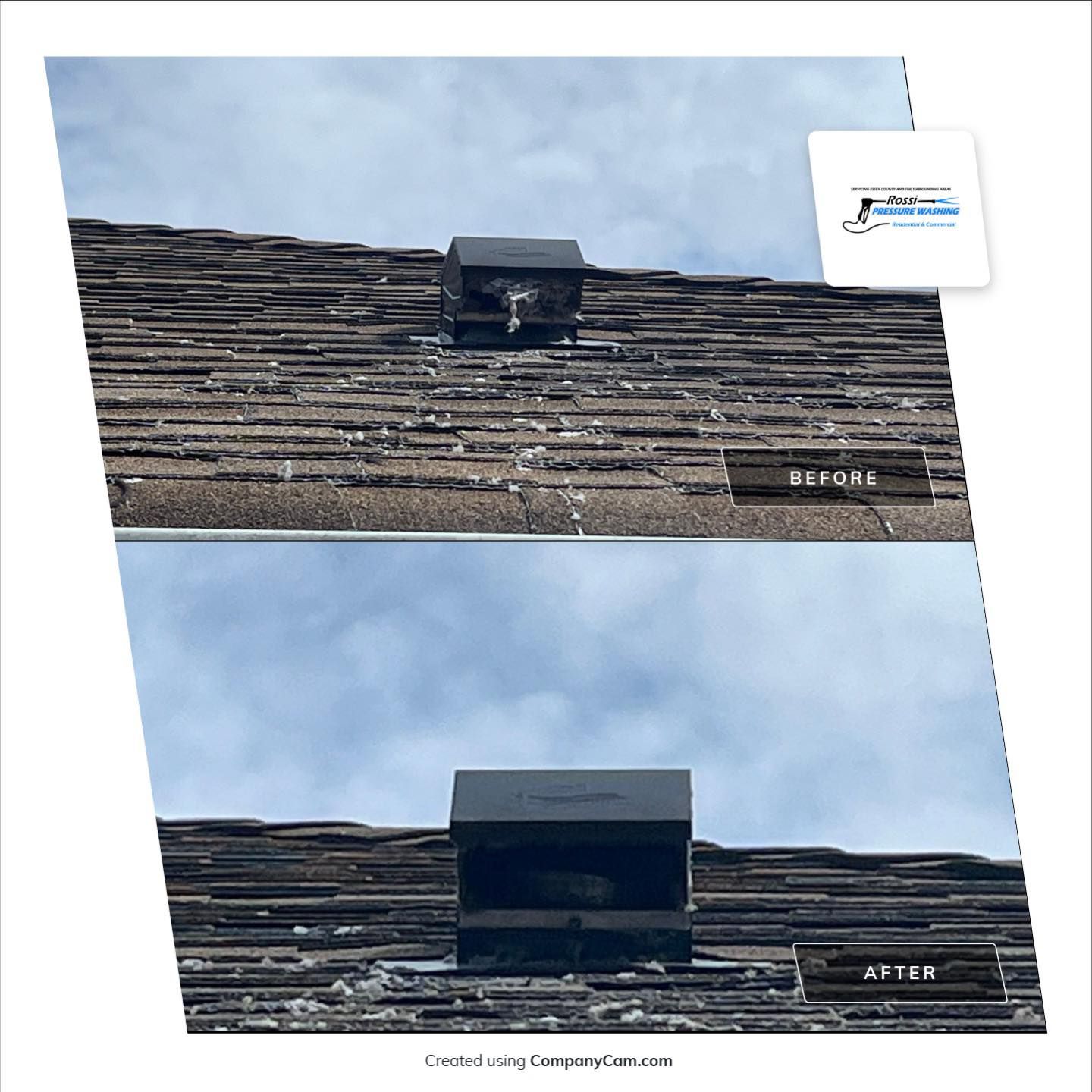 Before and after of a roof chimney with black metal cover. Roof shingles are brown, sky blue.