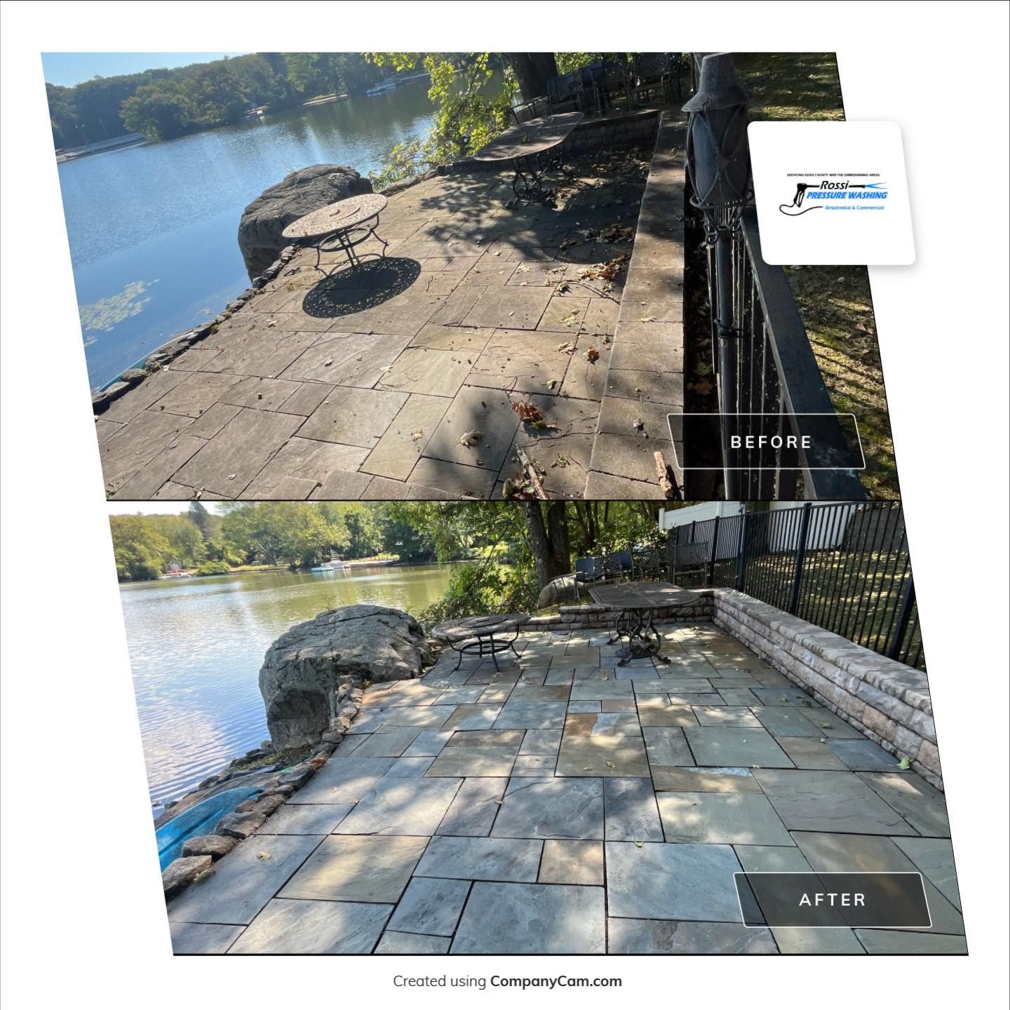 Before and after of a stone patio overlooking a lake; top shows dirt and debris, bottom shows clean patio.