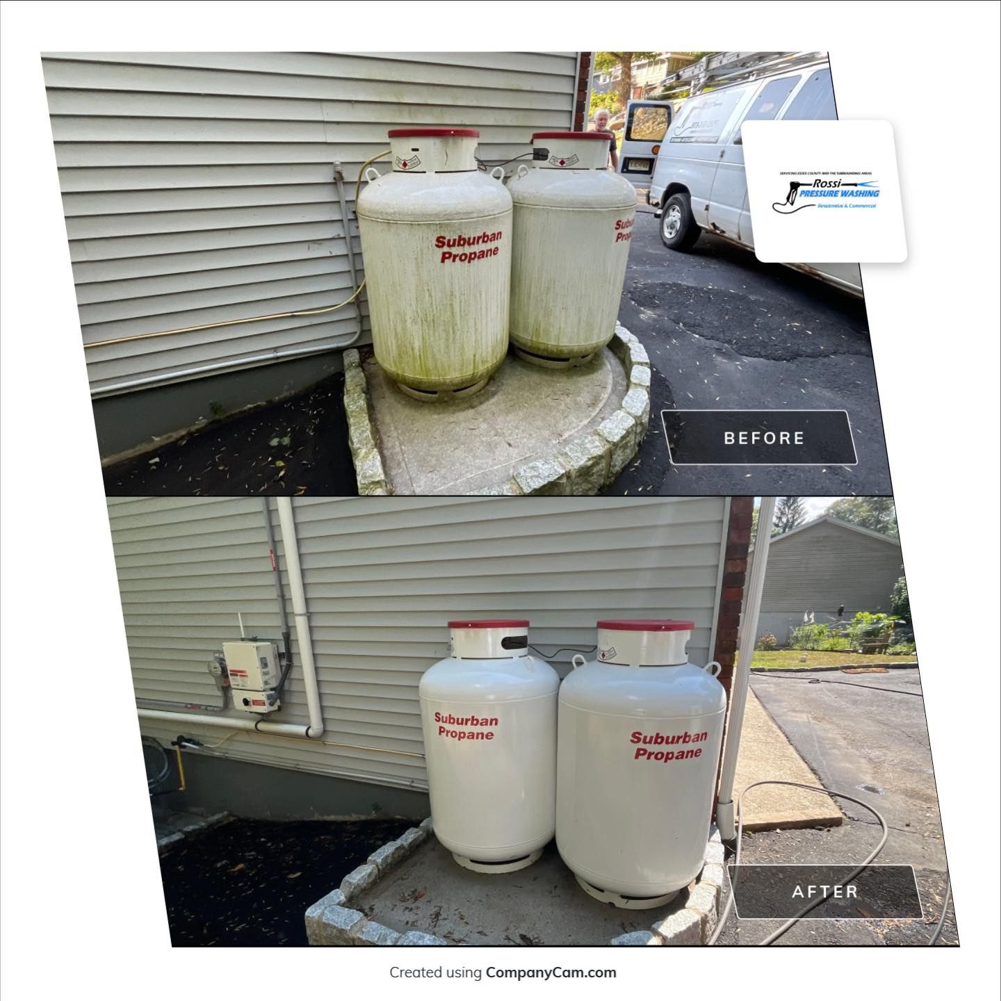Before and after photos: Propane tanks cleaned; tanks are white with red tops and the building wall is gray.