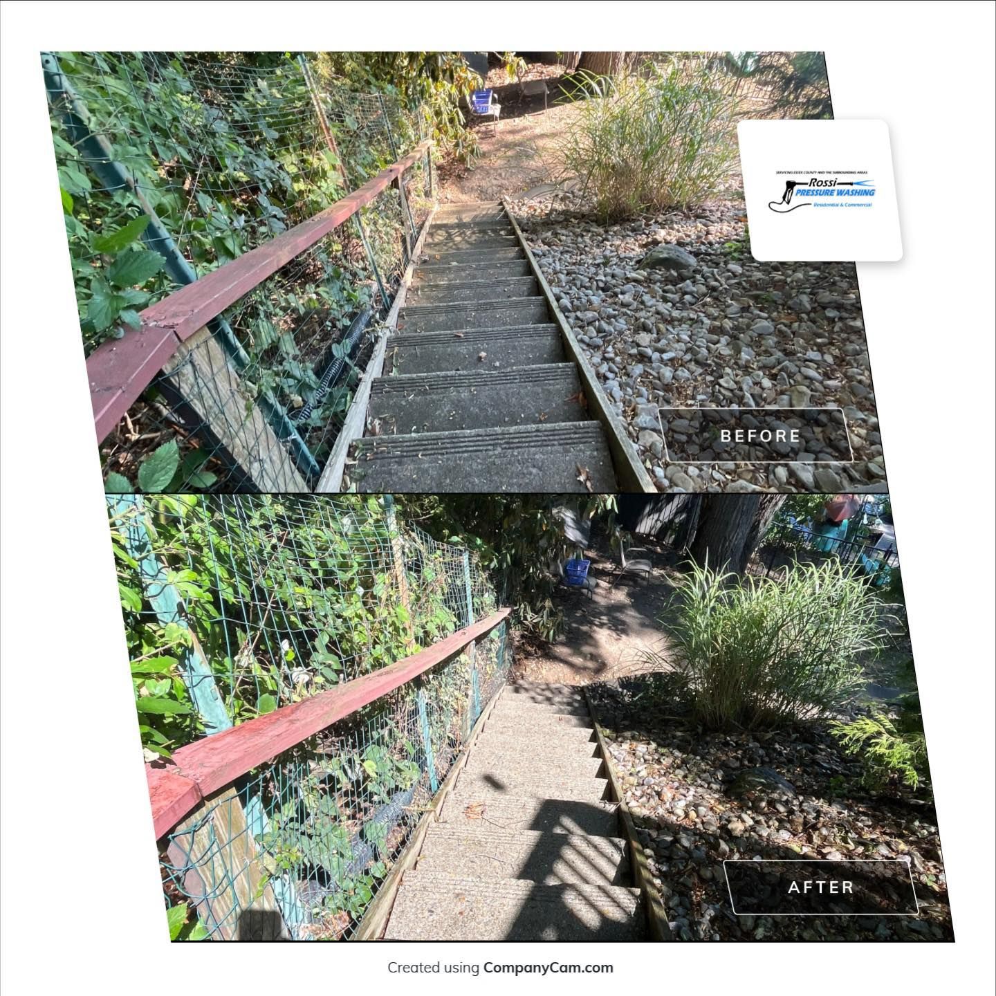Before/after photos of a stairwell cleaning. The stairs are in a wooded area, and the after shows a much cleaner area.