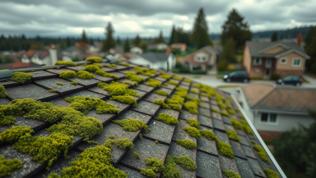 Patches of bright green moss growing on weathered gray asphalt roof shingles against a blurred suburban neighborhood.