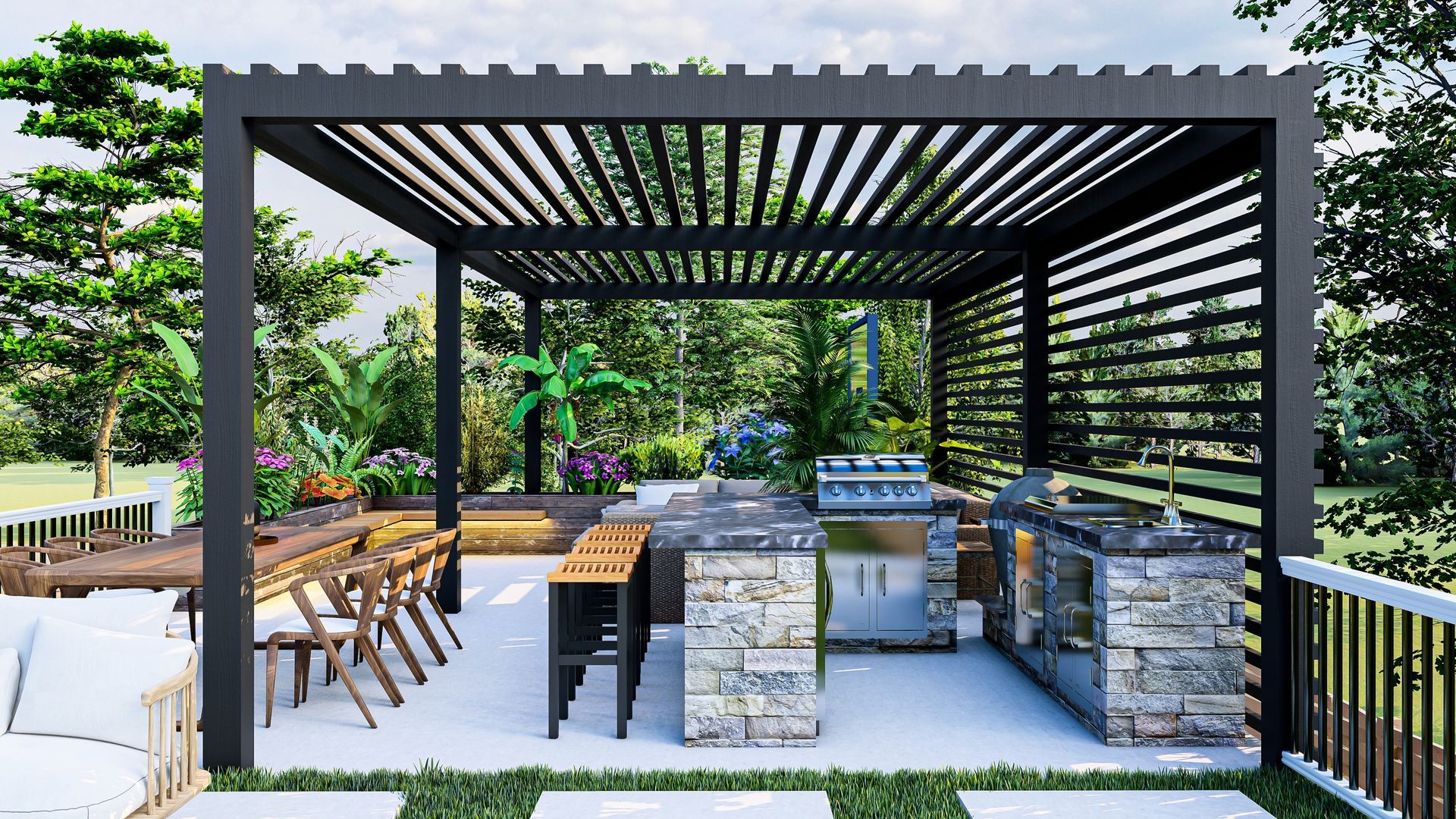 A modern black pergola covers an outdoor stone kitchen with a grill, dining chairs, and lush greenery in a backyard.