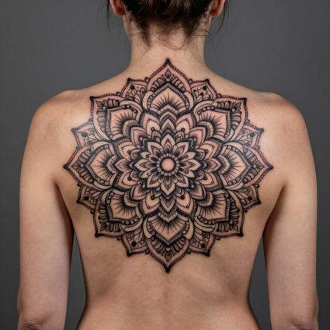 Back view of a person with a large black mandala tattoo centered on the upper back