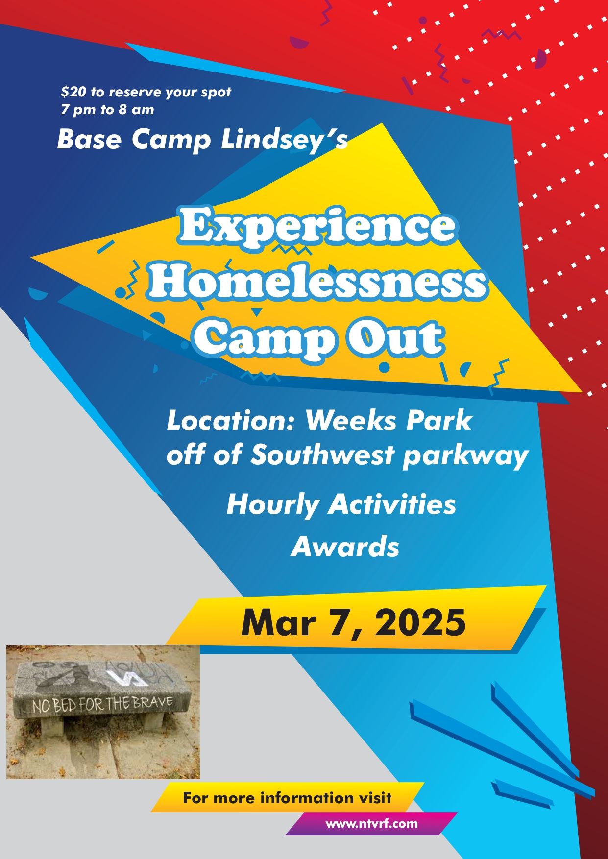 A poster for base camp lindsey 's experience homelessness camp out