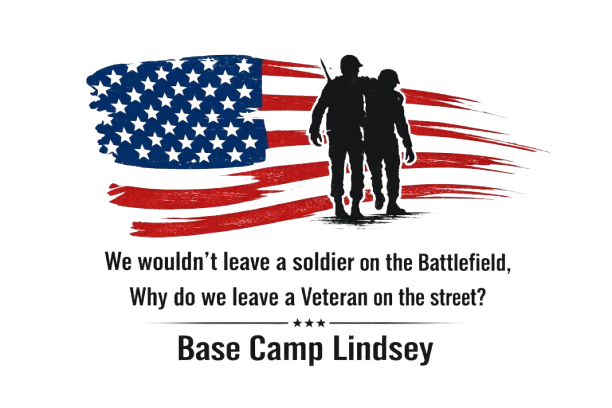 A US flag background with silhouettes of two soldiers helping each other. Text: "We wouldn't leave a soldier... Base Camp"