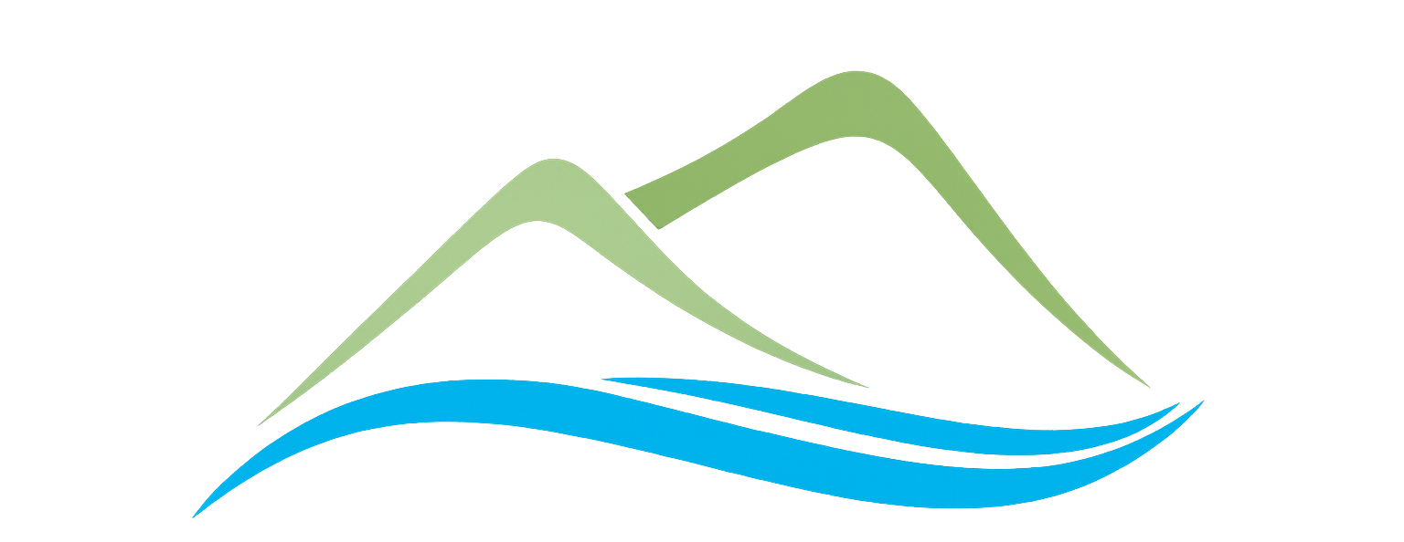 Mountains and water, blue and green.